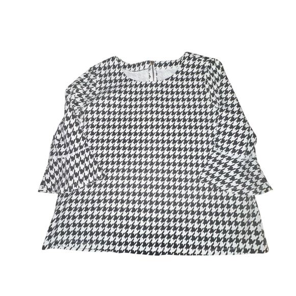 Kim Rogers Blouse Women's Sz XL Black White Houndstooth 3/4 Bell Sleeve Back Zip - Picture 1 of 6